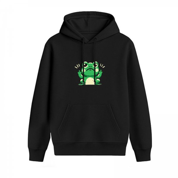 Black hoodie with a cartoon frog flipping off graphic