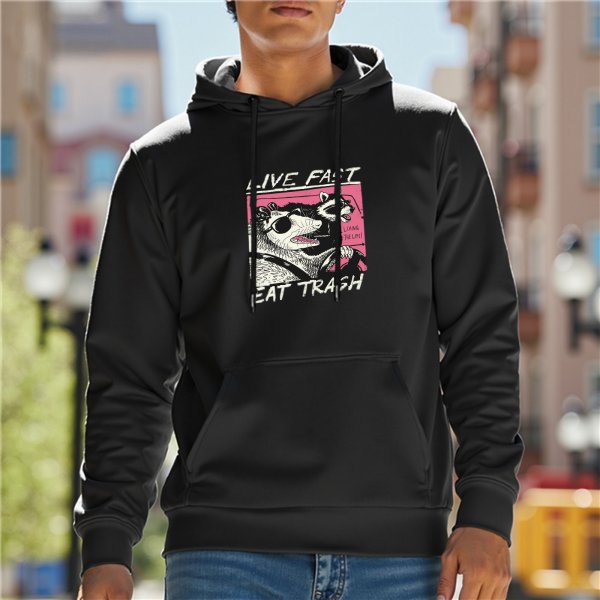 Black hoodie with raccoon driving graphic and 'Live Fast Eat Trash' text