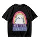 Olive graphic t-shirt with a white cat and 'I hate everyone equally' print