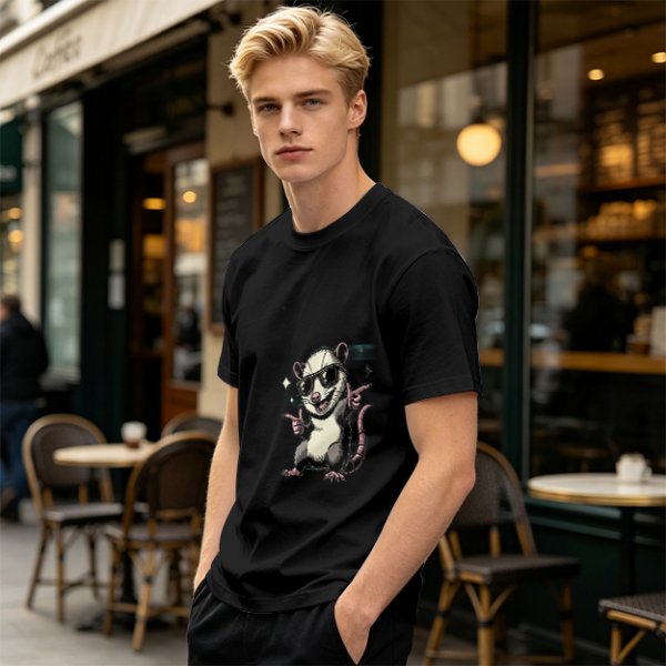Olive T-Shirt With Cool Sunglass Wearing Opossum Graphic