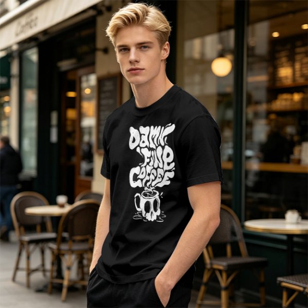 Olive Graphic T-Shirt With 'Damn Fine Coffee' Skull Mug Print