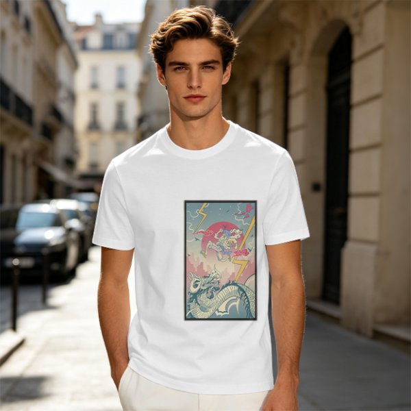 Olive T-shirt with Japanese style dragon and lightning graphic print