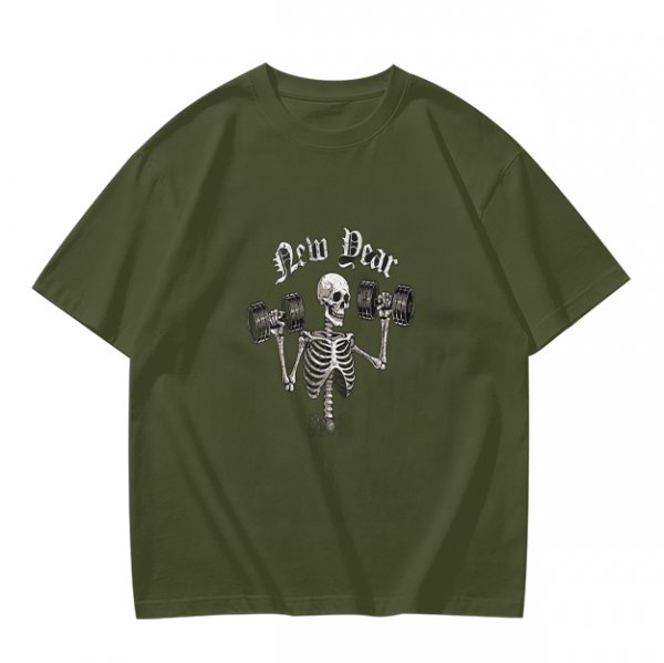Olive T-Shirt With Skeleton Lifting Weights New Year Print