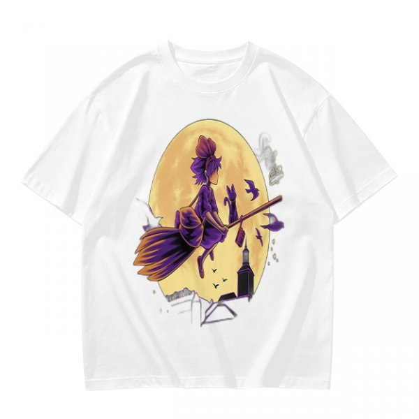 Olive t-shirt with witch flying on broom against full moon