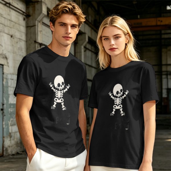 Olive green t-shirt with cute cartoon skeleton graphic