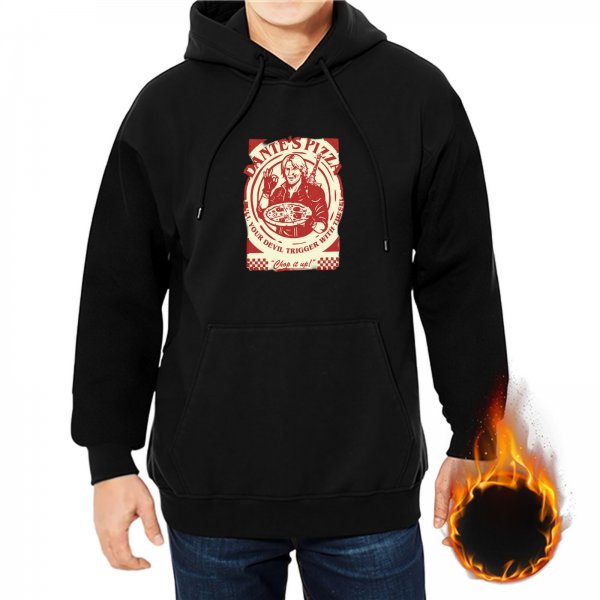 Black Hoodie with Retro Pizza Themed Graphic Print