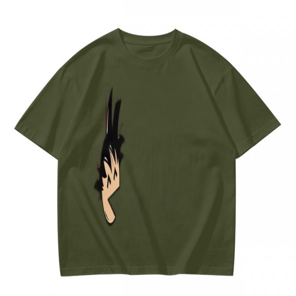 Olive green oversized t-shirt with stylized hand graphic print