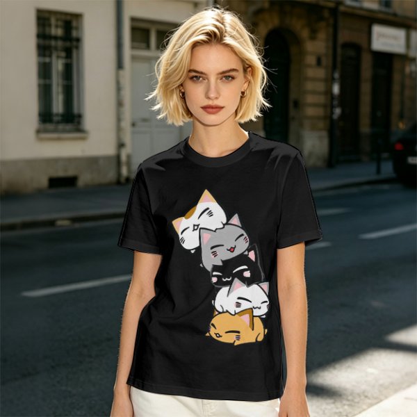 Olive T-Shirt With Stacked Cute Chibi Cats Graphic