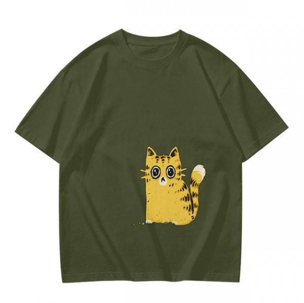 Olive Green T-Shirt With Surprised Yellow Tabby Cat Graphic