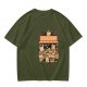 Olive T-Shirt With Cute Cats Doing Laundry Graphic