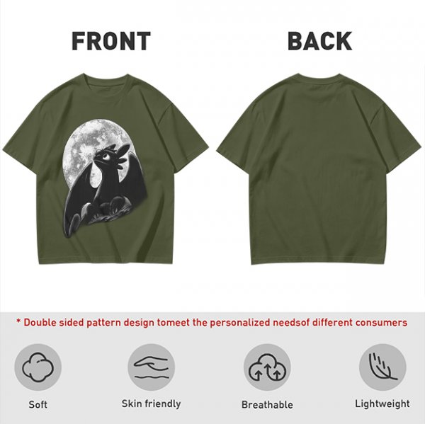 Olive T-Shirt Featuring Toothless Dragon Against Full Moon
