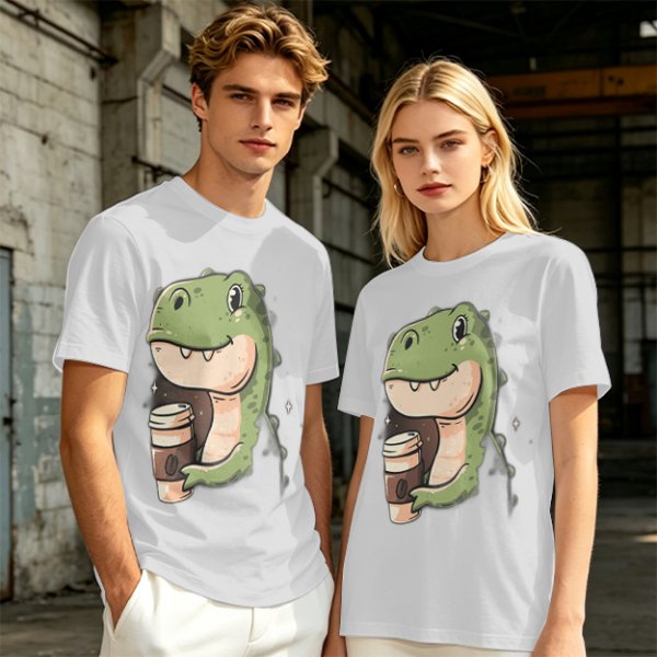 Olive T-shirt with Cute Dinosaur Holding Coffee Print