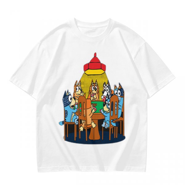 Olive green t-shirt with cartoon dogs playing poker under a hanging lamp