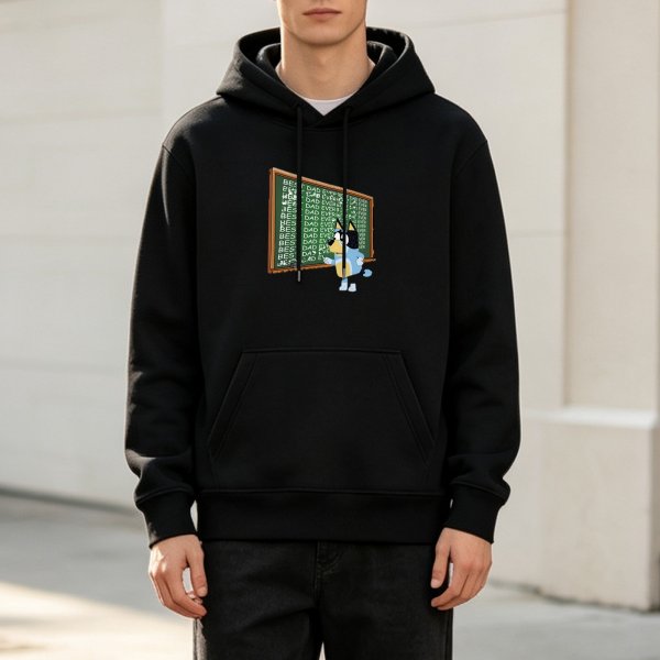 Black hoodie with Bluey at chalkboard writing best dad