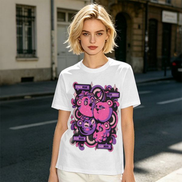 Olive T-shirt with playful bear-fruit graphic print