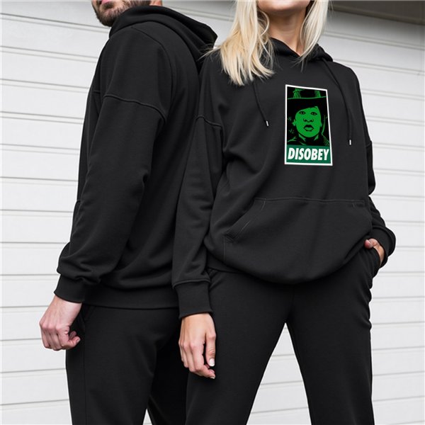 Black hoodie with green 'DISOBEY' portrait graphic print