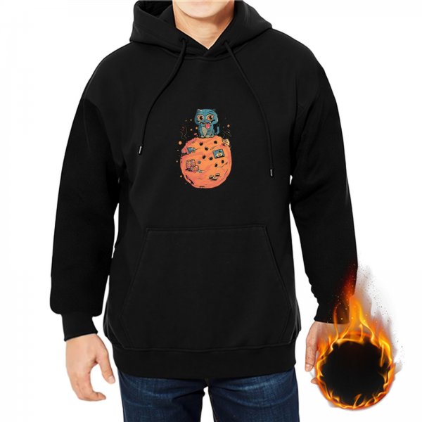 Black Hoodie With Cute Cat On Orange Planet Artwork