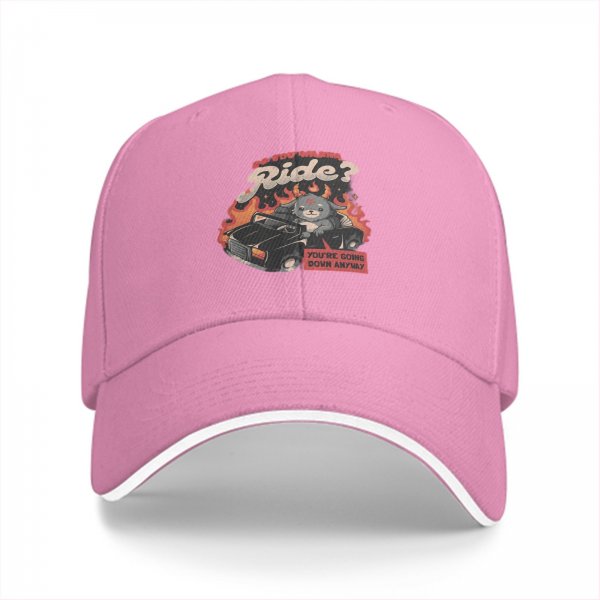 Black baseball cap with devil cat driving flaming car 'Do You Wanna Ride?' print