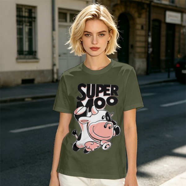 Olive green t-shirt with 'SUPER MOO' and cartoon cow graphic