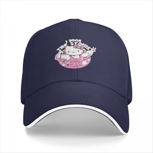 Black baseball cap with muscular Hello Kitty graphic and I Took The Stairs text