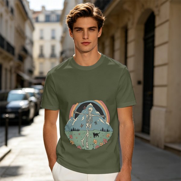 Olive T-shirt with Dancing Skeleton Mountain Rainbow Cat Graphic