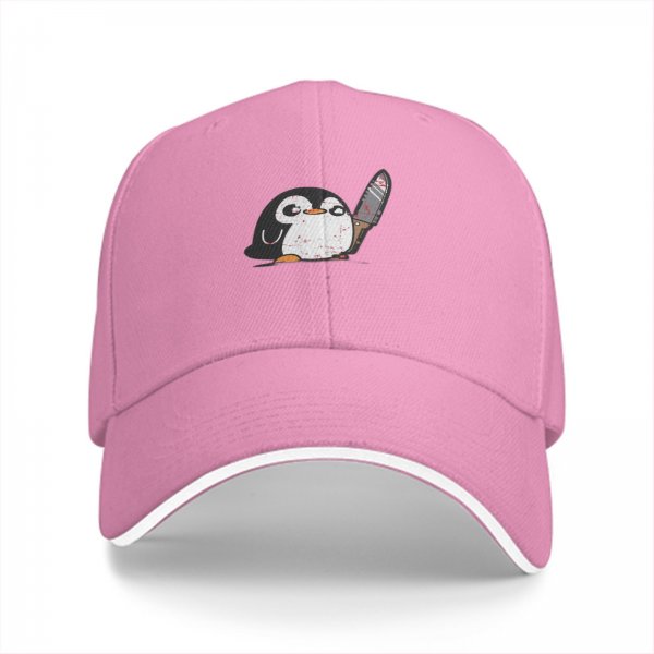 Black baseball cap with a cute penguin holding a bloodied knife print