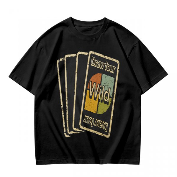 Olive T-Shirt with Retro Uno Wild Draw Four Card Graphic