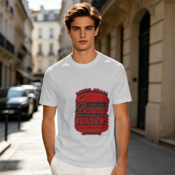 Olive green t-shirt with Benny's Burgers Hawkins Indiana graphic
