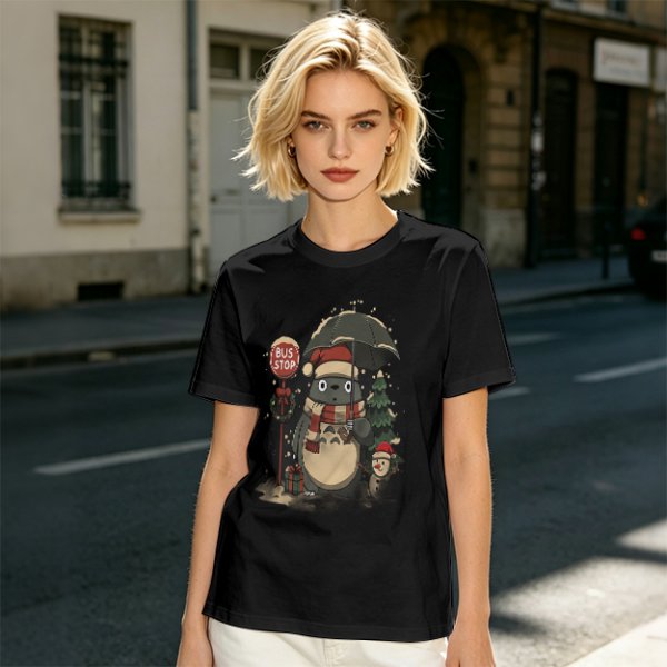 Christmas Totoro at Bus Stop Graphic T-Shirt