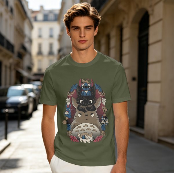 Olive T-Shirt with Stacked Anime Character Totem Print