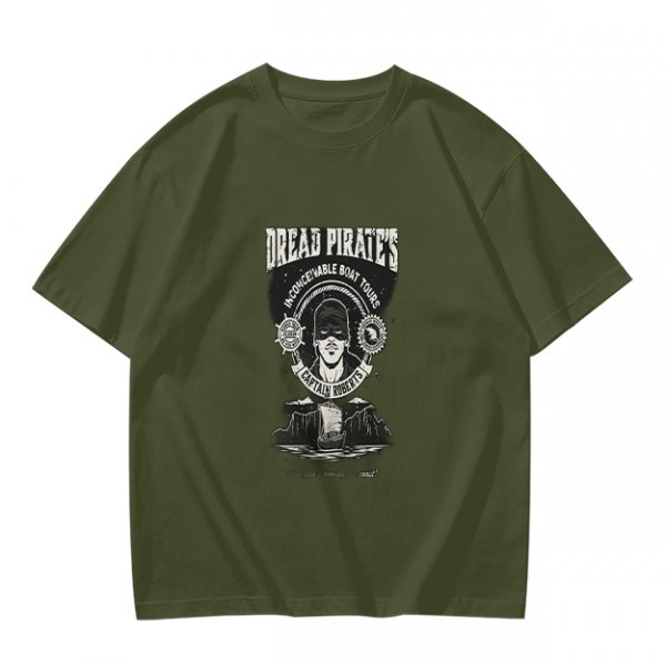 Olive green t-shirt with Dread Pirates graphic print