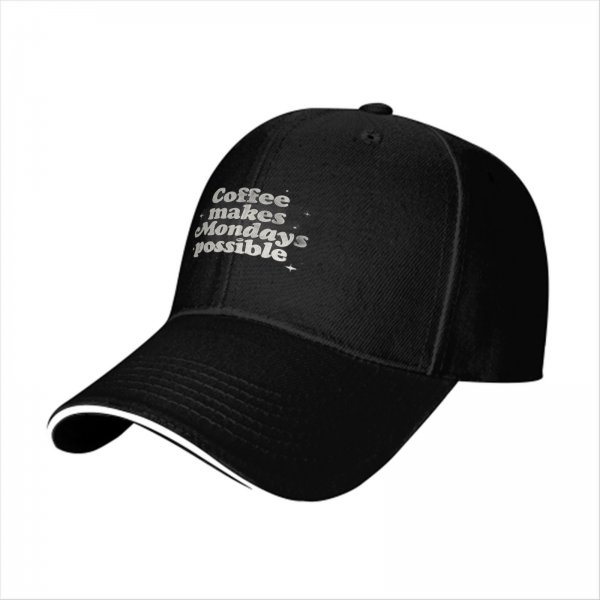 Black baseball cap with 'Coffee makes Mondays possible' print