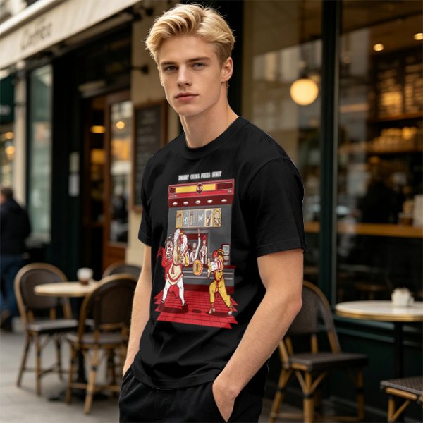 Olive T-shirt with Fast Food Themed Street Fighter Style Fight Artwork