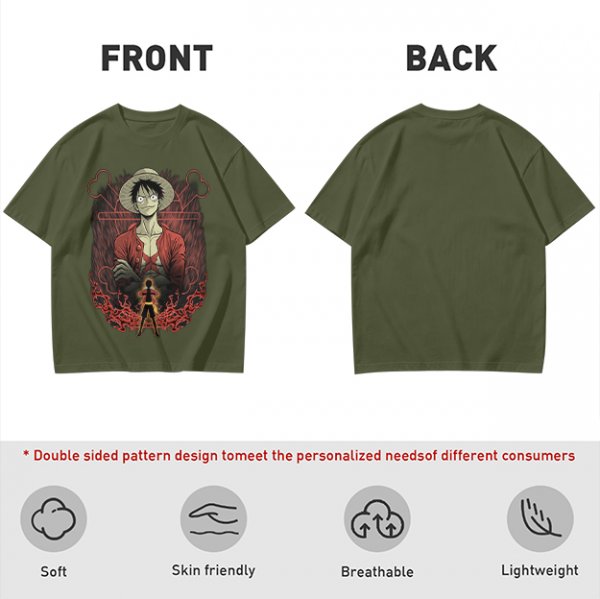 One Piece Luffy Graphic Print Olive T-Shirt