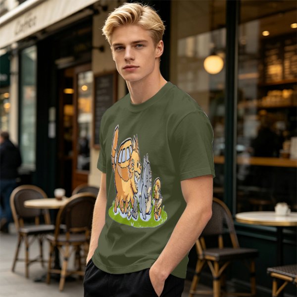 Olive T-Shirt With Whimsical Forest Creature Artwork Print