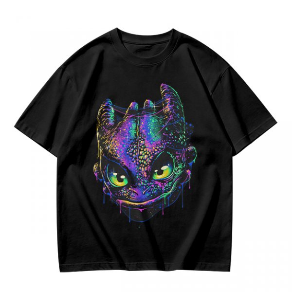 Olive T-Shirt With Neon Toothless Dragon Head Art Print