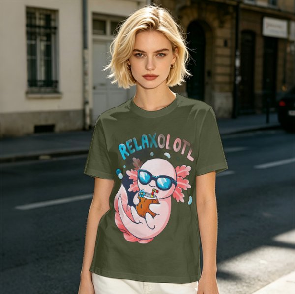 Olive t-shirt with a relaxed axolotl wearing sunglasses holding a drink