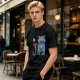 Olive T-Shirt With Whimsical Blue Cat And Mushroom Figure Print