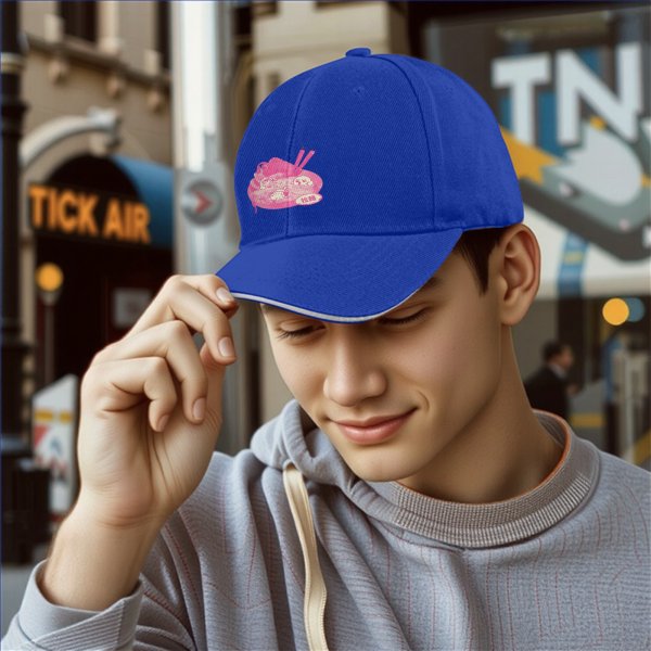 Black baseball cap with pink ramen bowl graphic design