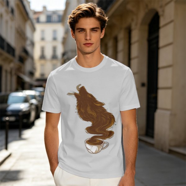 Olive T-Shirt With Coffee Wolf Steam Graphic Print