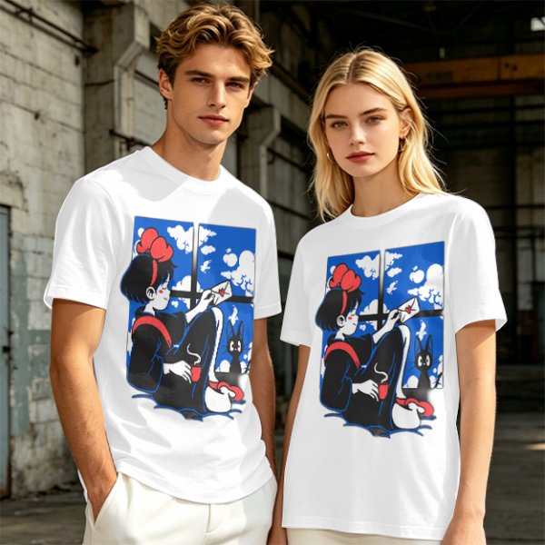 Olive t-shirt with Kiki's Delivery Service window print of girl reading letter