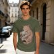 Olive T-Shirt Featuring a Ginger Cat Hugging a Skull
