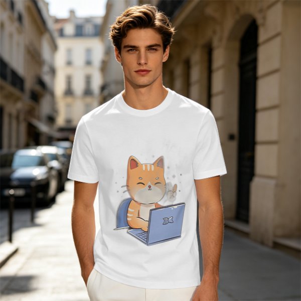 Olive T-Shirt With Cute Orange Cat Working On Laptop Print