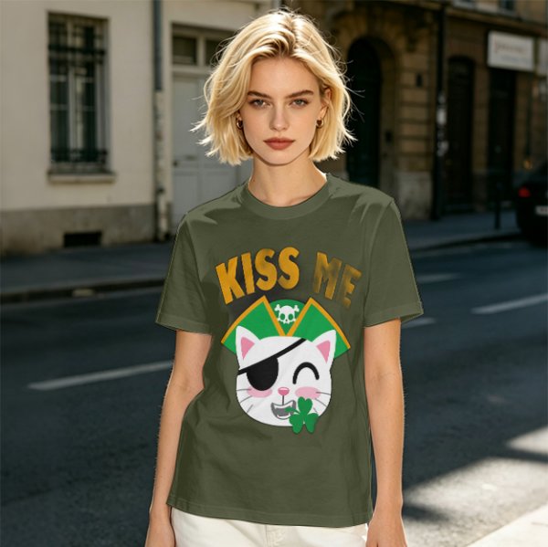 Kiss Me Pirate Cat Shamrock Graphic T-Shirt
