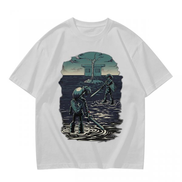 Olive T-shirt with two warriors standing in water holding swords