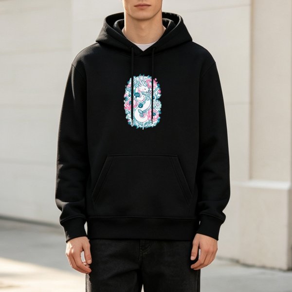 Black hoodie with whimsical floral dragon graphic print