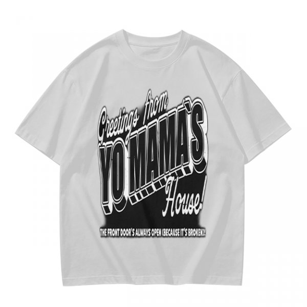 Olive green graphic t-shirt with 'Greetings from Yo Mama's House' print