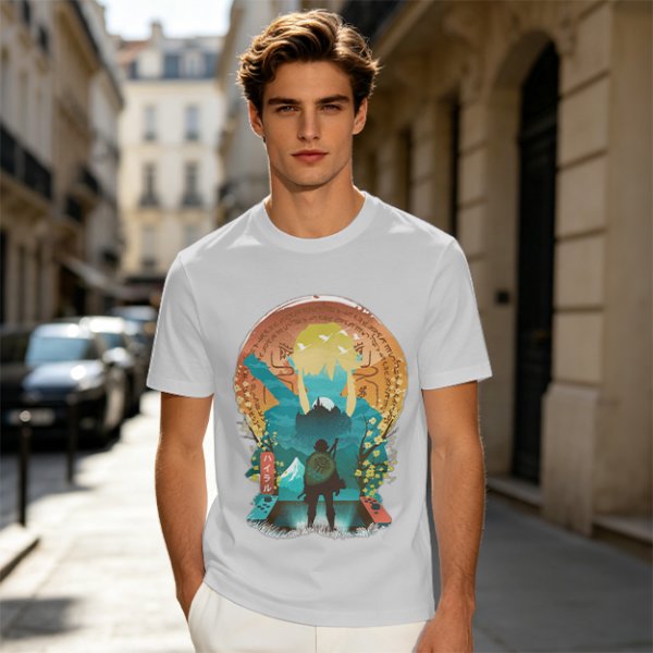 Olive Green T-Shirt With Fantasy Hero Silhouette Landscape Art