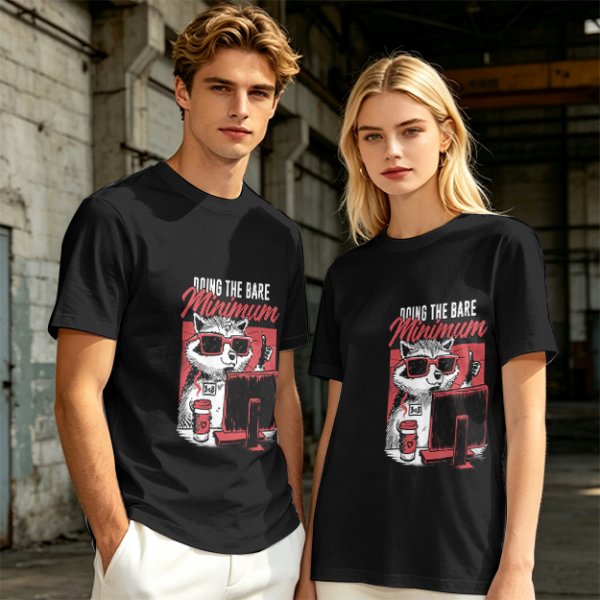 Olive graphic t-shirt with raccoon doing the bare minimum at computer