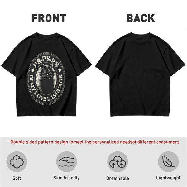 Olive cat graphic t-shirt with 'PS PS PS is my love language' print